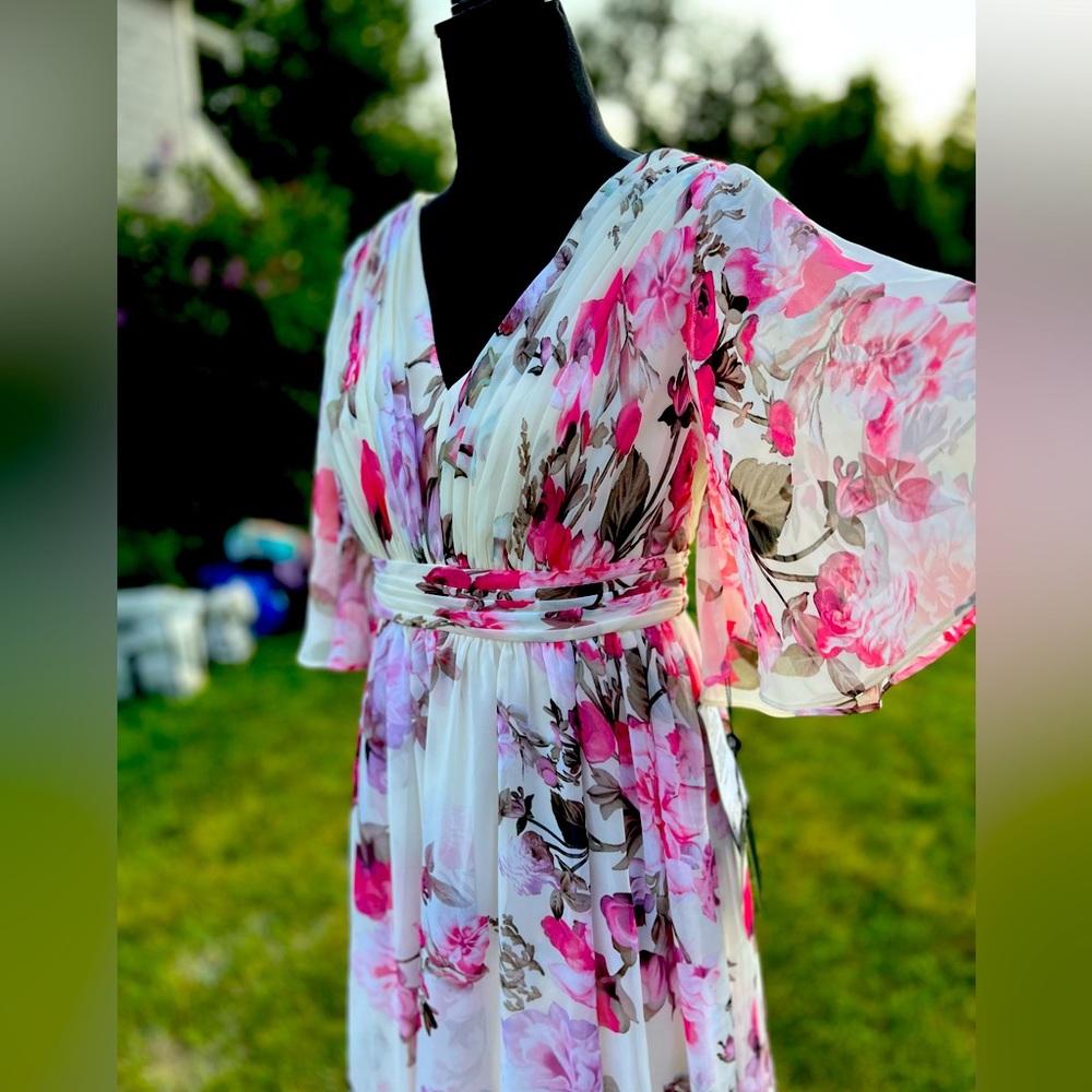 Adrianna papell flutter sleeve chiffon maxi dress floral evening gown